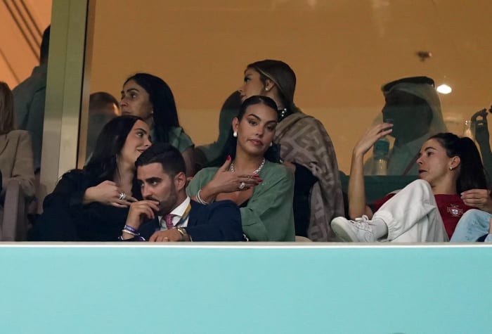 Georgina Rodriguez pictured (center) watching Portugal vs Switzerland after her boyfriend, Cristiano Ronaldo, was dropped from the starting XI